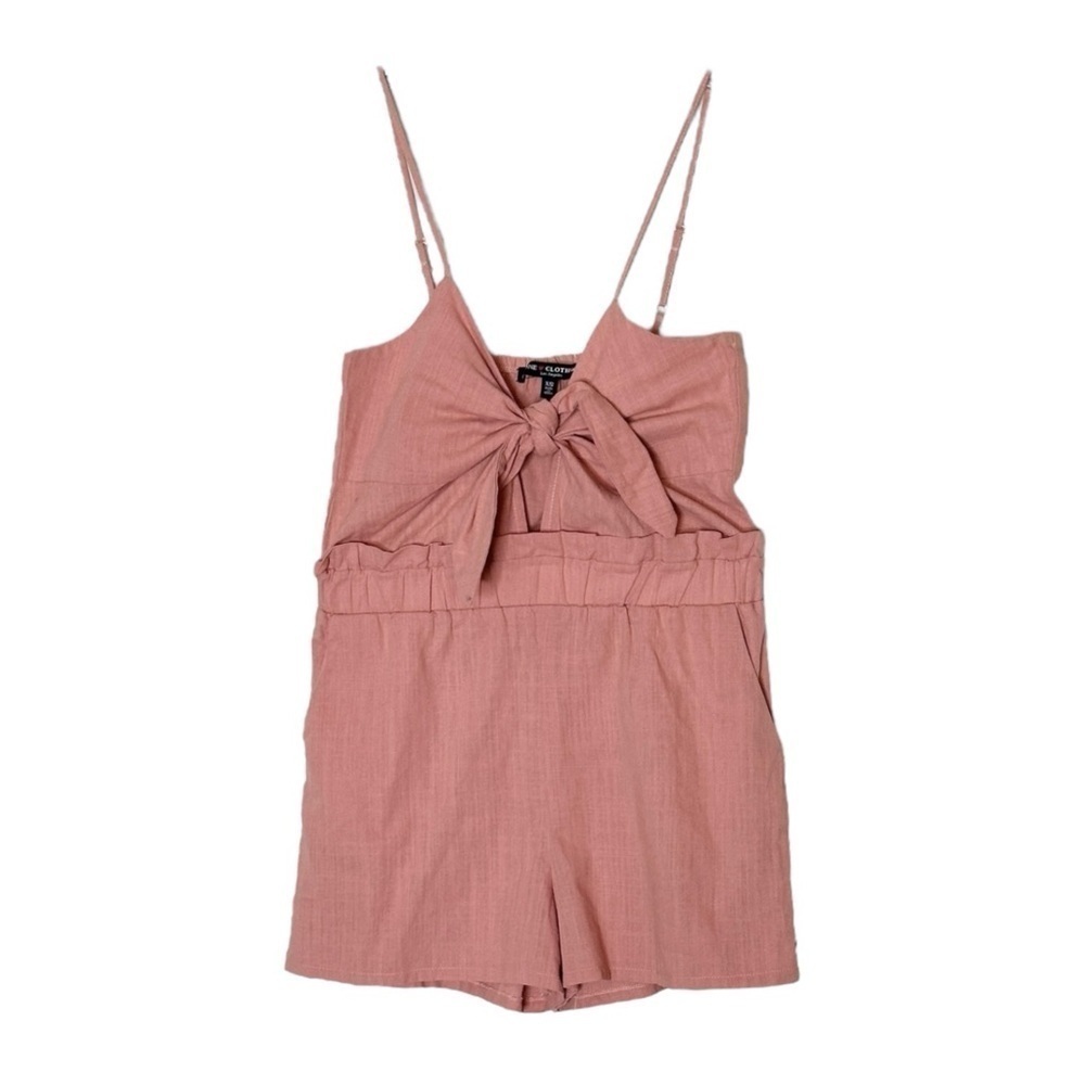 🌺 One Clothing Romper XS Mauve Pink 100% Cotton Bow Cutout Midriff w/Pockets